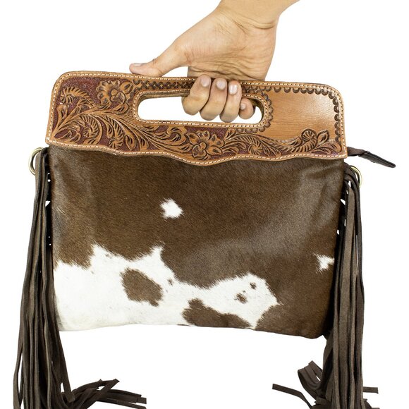 Leather Hand-Tooled Hair-on Fringe Bag with with Free Gift, Bifold Black Wallet - Picture 5 of 11